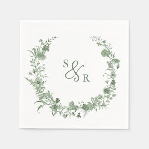 Elegant Sage Green Vintage Monogram Floral Wedding Napkins