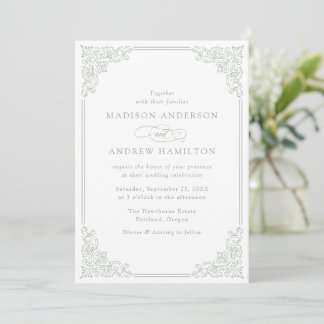 Elegant Sage Green Vintage Ornate Frame Wedding Invitation