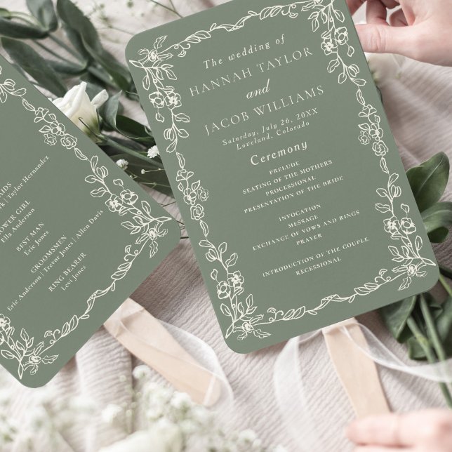 Elegant Sage Green Vintage Wedding Program Hand Fan (Creator Uploaded)