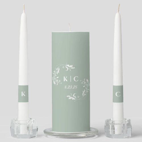 Elegant Sage Green Vintage Wedding Unity Candle Set