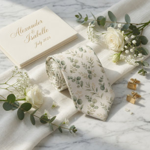 Elegant Sage Green Watercolor Eucalyptus Neck Tie