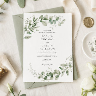 Elegant Sage Green Watercolor Eucalyptus Wedding Invitation