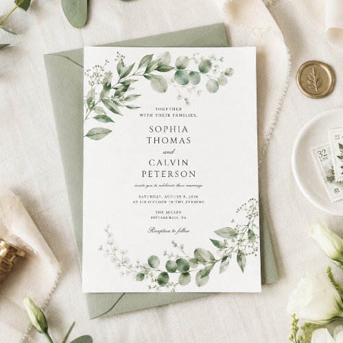 Elegant Sage Green Watercolor Eucalyptus Wedding Invitation