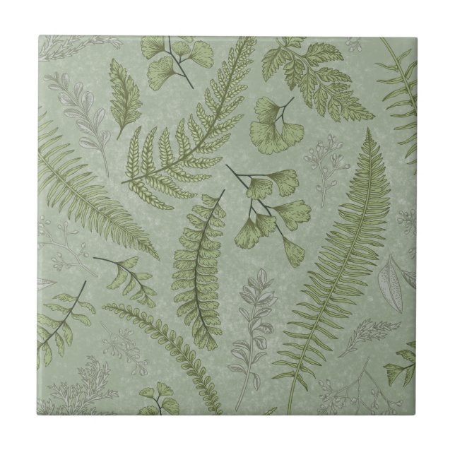 Elegant Sage Green Watercolor Floral  Ceramic Tile (Front)