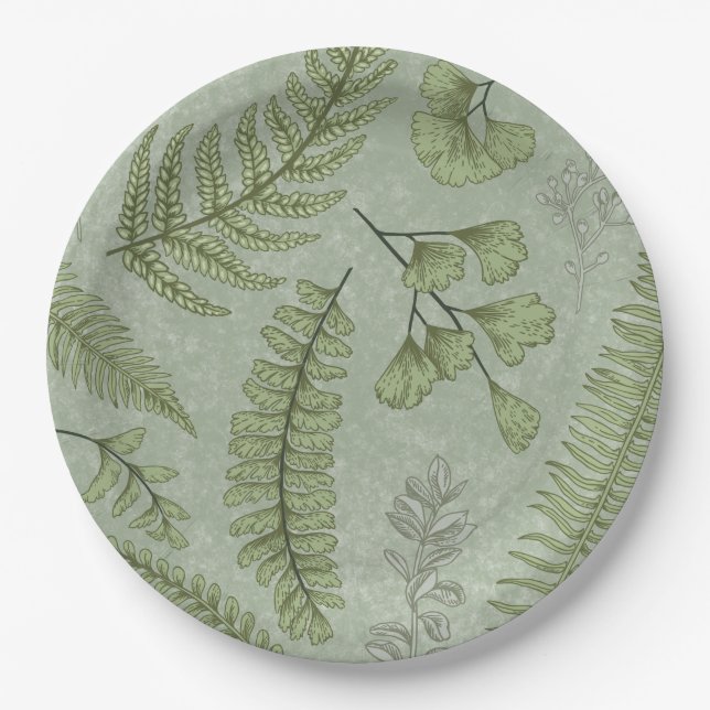 Elegant Sage Green Watercolor Floral  Paper Plates (Front)