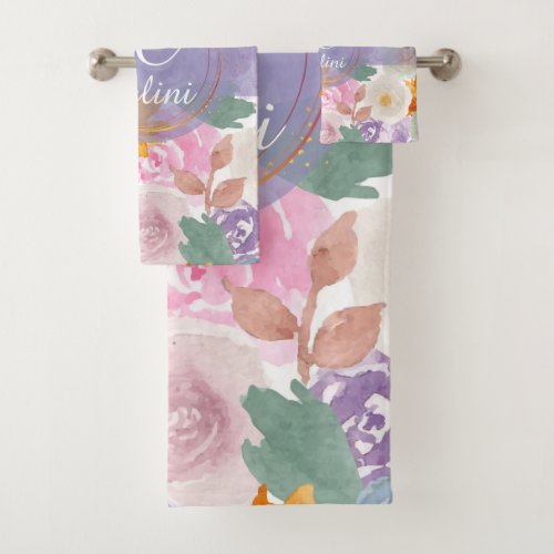 Elegant Sage Green Watercolor Floral Rose Pattern  Bath Towel Set