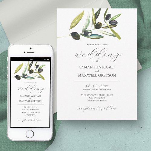 Elegant Sage Green Watercolor Greenery Wedding Invitation
