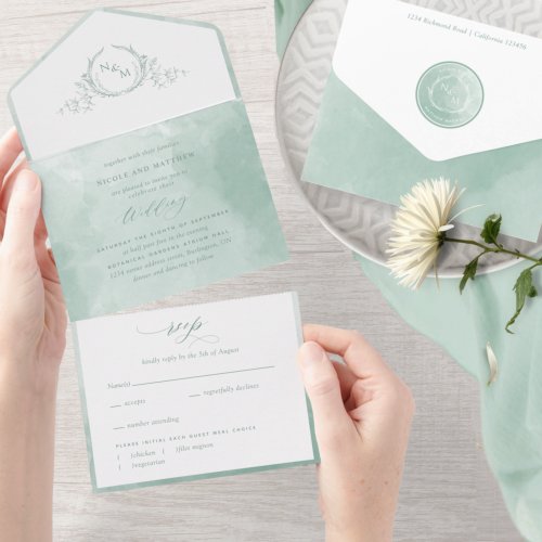 Elegant Sage Green Watercolor Monogram Wedding All All In One Invitation