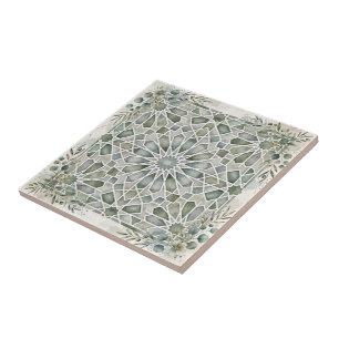 Elegant Sage Green Watercolor Moroccan Zellij Ceramic Tile