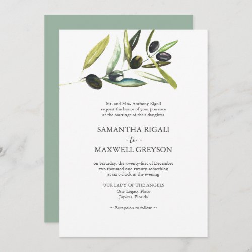Elegant Sage Green Watercolor Olive Wedding Invitation
