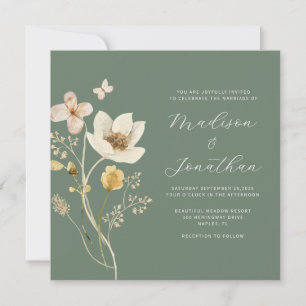 Elegant Sage Green Watercolor Wildflower Wedding Invitation