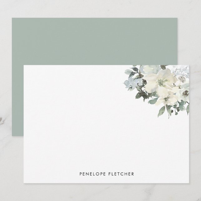 Elegant Sage Green Watercolour Floral  Note Card (Front/Back)