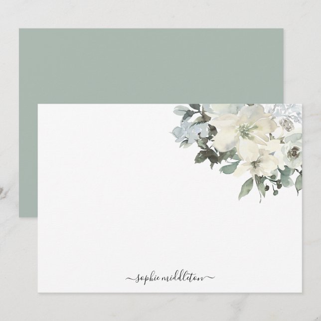 Elegant Sage Green Watercolour Floral  Note Card (Front/Back)