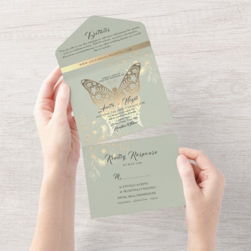 Elegant Sage Green Wedding All In One Invitation