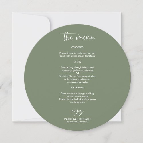 Elegant Sage Green Wedding Circle Menu Cards