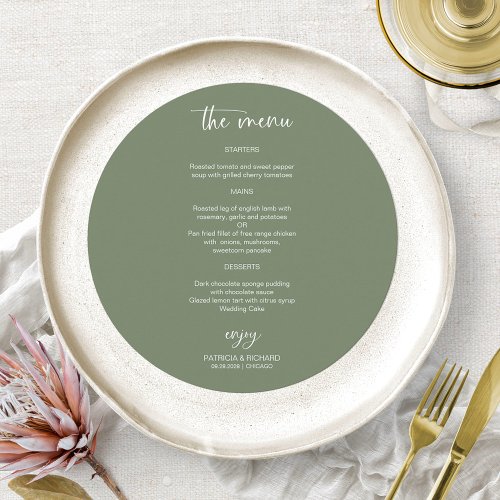 Elegant Sage Green Wedding Circle Menu Cards