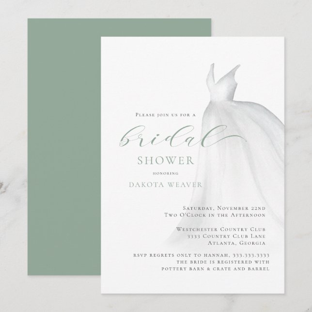 Elegant Sage Green Wedding Dress Bridal Shower Invitation (Front/Back)