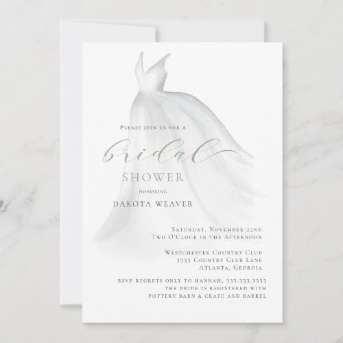 Elegant Sage Green Wedding Dress Bridal Shower Invitation