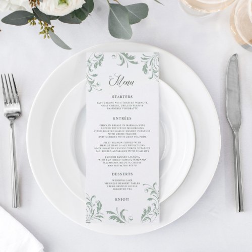 Elegant Sage Green Wedding Flourish Menu