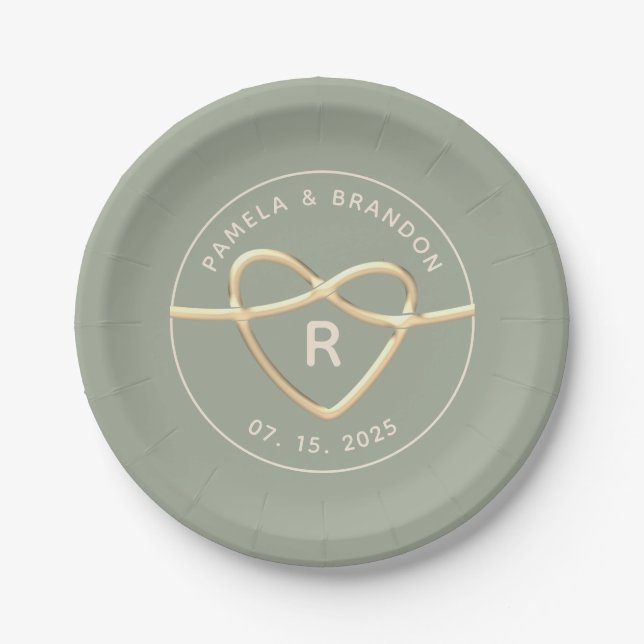 Elegant Sage Green Wedding Monogram Paper Plates (Front)