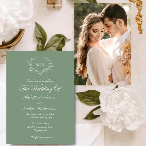 Elegant Sage Green Wedding Monogram Photo Invitation