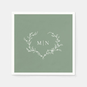 Elegant Sage Green Wedding Monogram Wreath Paper Napkins