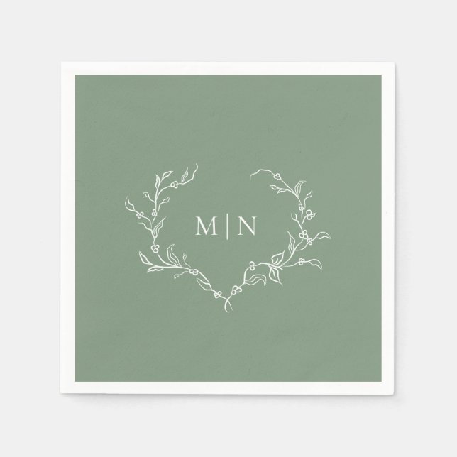Elegant Sage Green Wedding Monogram Wreath Paper  Napkins (Front)