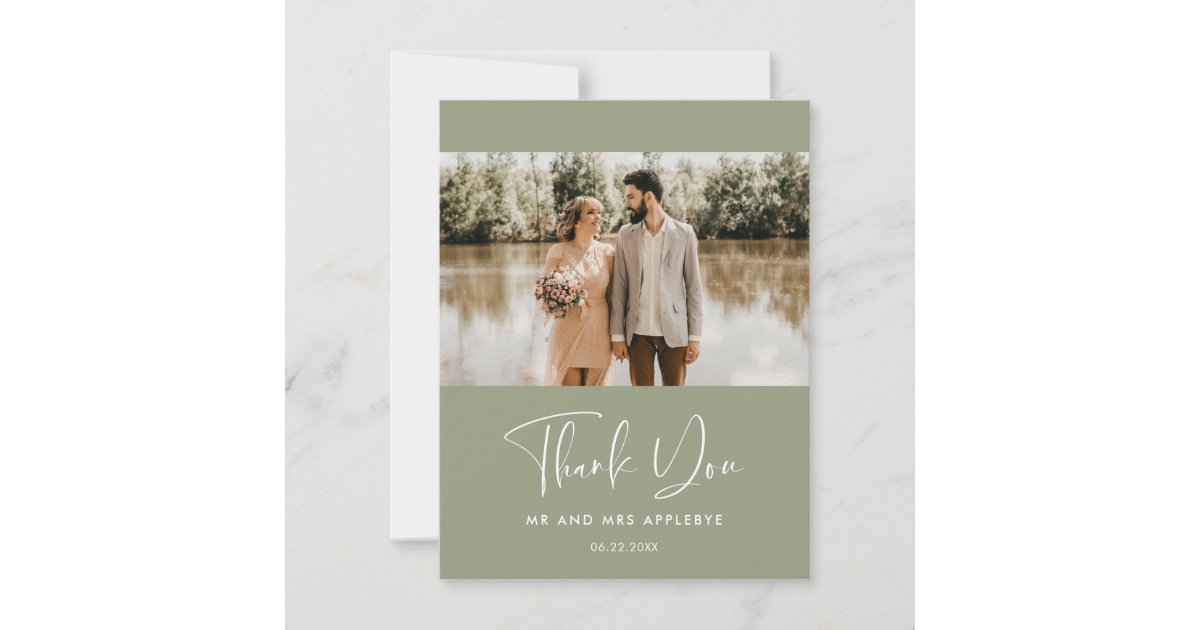 Elegant sage green wedding photo Thank you Card | Zazzle