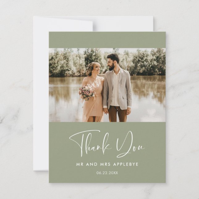 Elegant sage green wedding photo Thank you Card (Front)