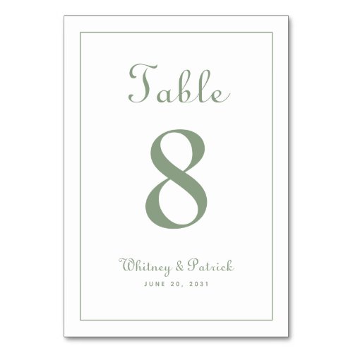 Elegant Sage Green Wedding Reception Formal Dinner Table Number