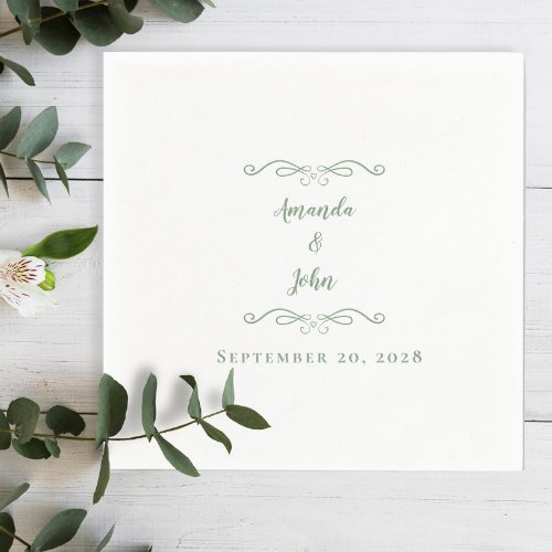Elegant Sage Green Wedding Reception Names Date Napkins