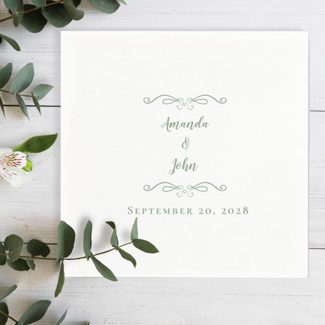 Elegant Sage Green Wedding Reception Names Date Napkins (Creator Uploaded)