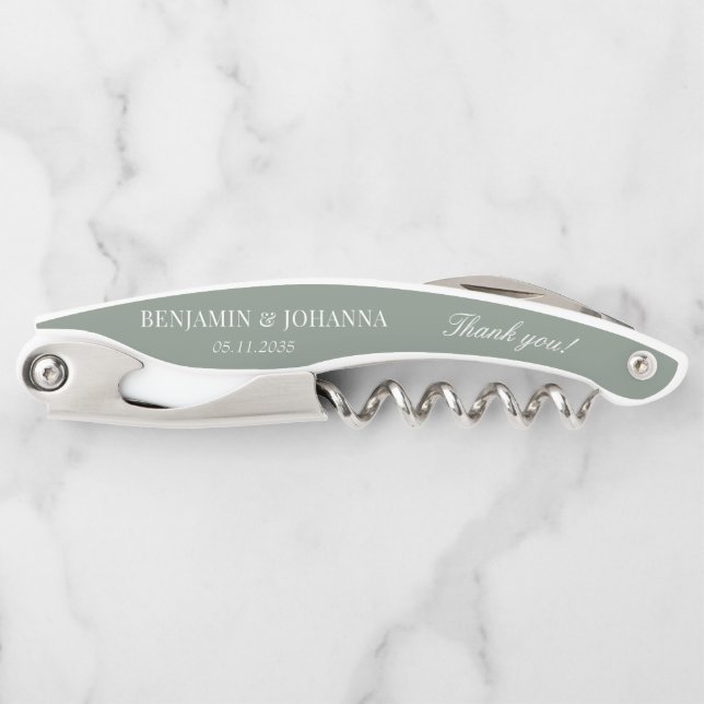 Elegant Sage Green Wedding Thank You Guest Favors Waiter's Corkscrew (Front)