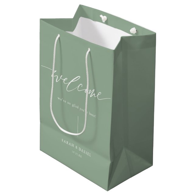 Elegant Sage Green Wedding Welcome Favors Medium Gift Bag (Front Angled)