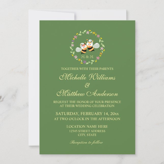 Elegant Sage Green Whimsical Meant To Bee Wedding Invitation (Front)