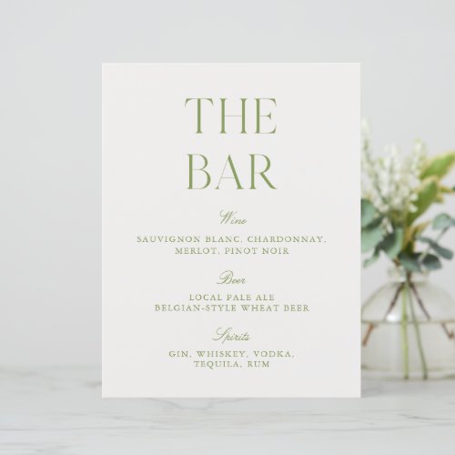 Elegant Sage Green &amp; White 8.5x11 Wedding Bar Sign