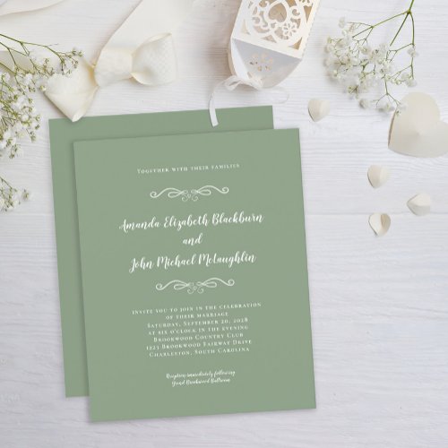 Elegant Sage Green White Budget Wedding Invitation