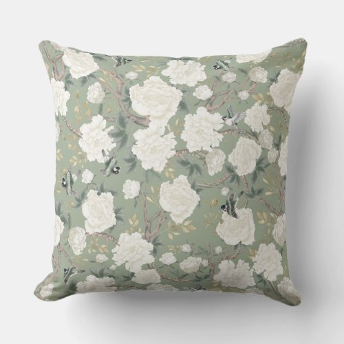 Elegant Sage Green White Chinoiserie Flowers Birds Throw Pillow