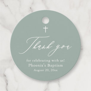 Elegant Sage Green White Cross Baptism Favor Tags