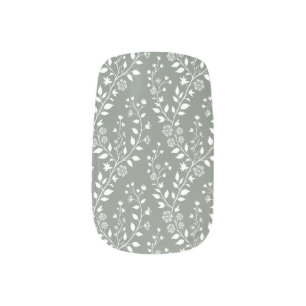 Elegant Sage Green White Floral Minx Nail Art