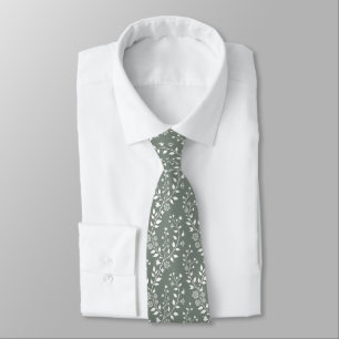 Elegant Sage Green White Floral Neck Tie