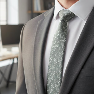 Elegant Sage Green White Floral Neck Tie