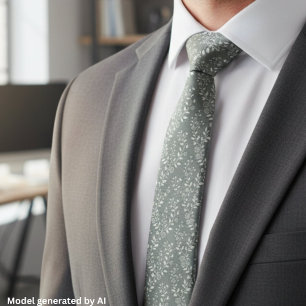 Elegant Sage Green White Floral Neck Tie