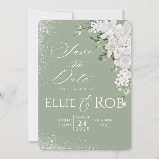 Elegant Sage Green White Floral Save The Date (Front)