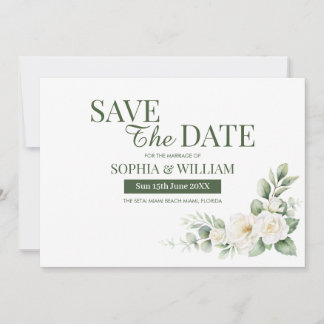 Elegant Sage Green White Floral Save the Date Card