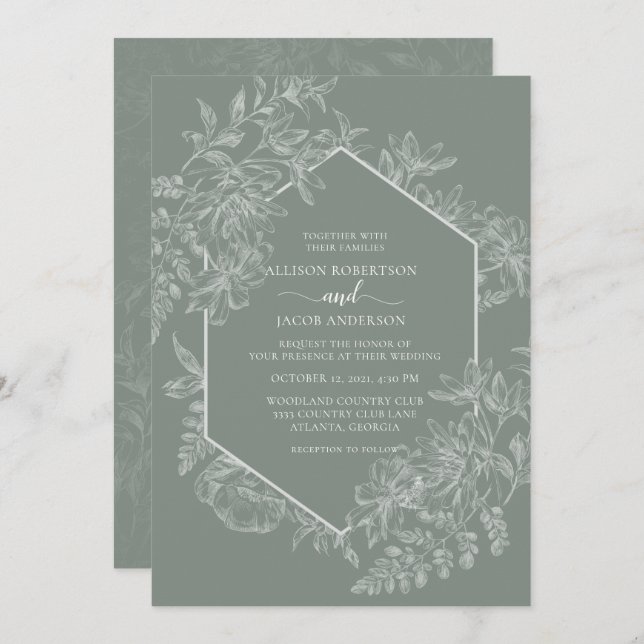 Elegant Sage Green White Geometric Floral Wedding Invitation (Front/Back)