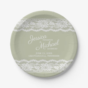 Elegant Sage Green White Lace Wedding Paper Plates