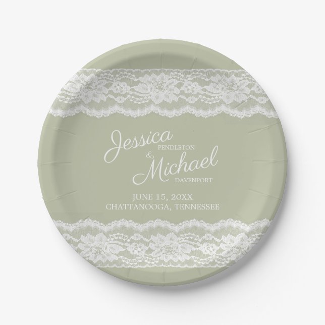 Elegant Sage Green White Lace Wedding Paper Plates (Front)