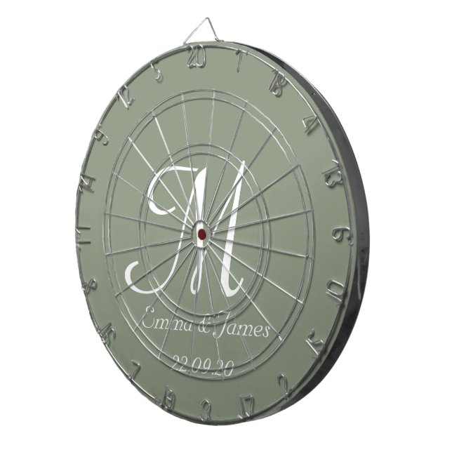 Elegant Sage Green & White Monogram Initial Name  Dart Board (Front Right)
