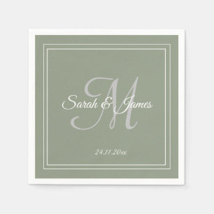 Elegant Sage Green & White Monogram Wedding Paper Napkins